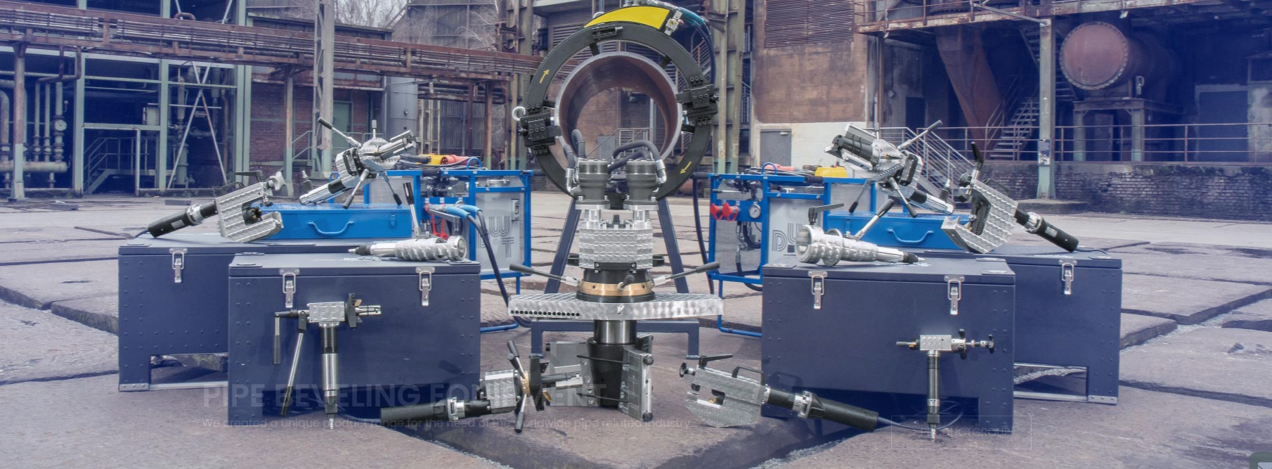 pipeline worker using pipe cutting machine on a large steel desert pipeline during industrial pipeline construction.